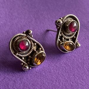 💛 925 Vintage Unique Handmade Garnet & Citrine Earrings